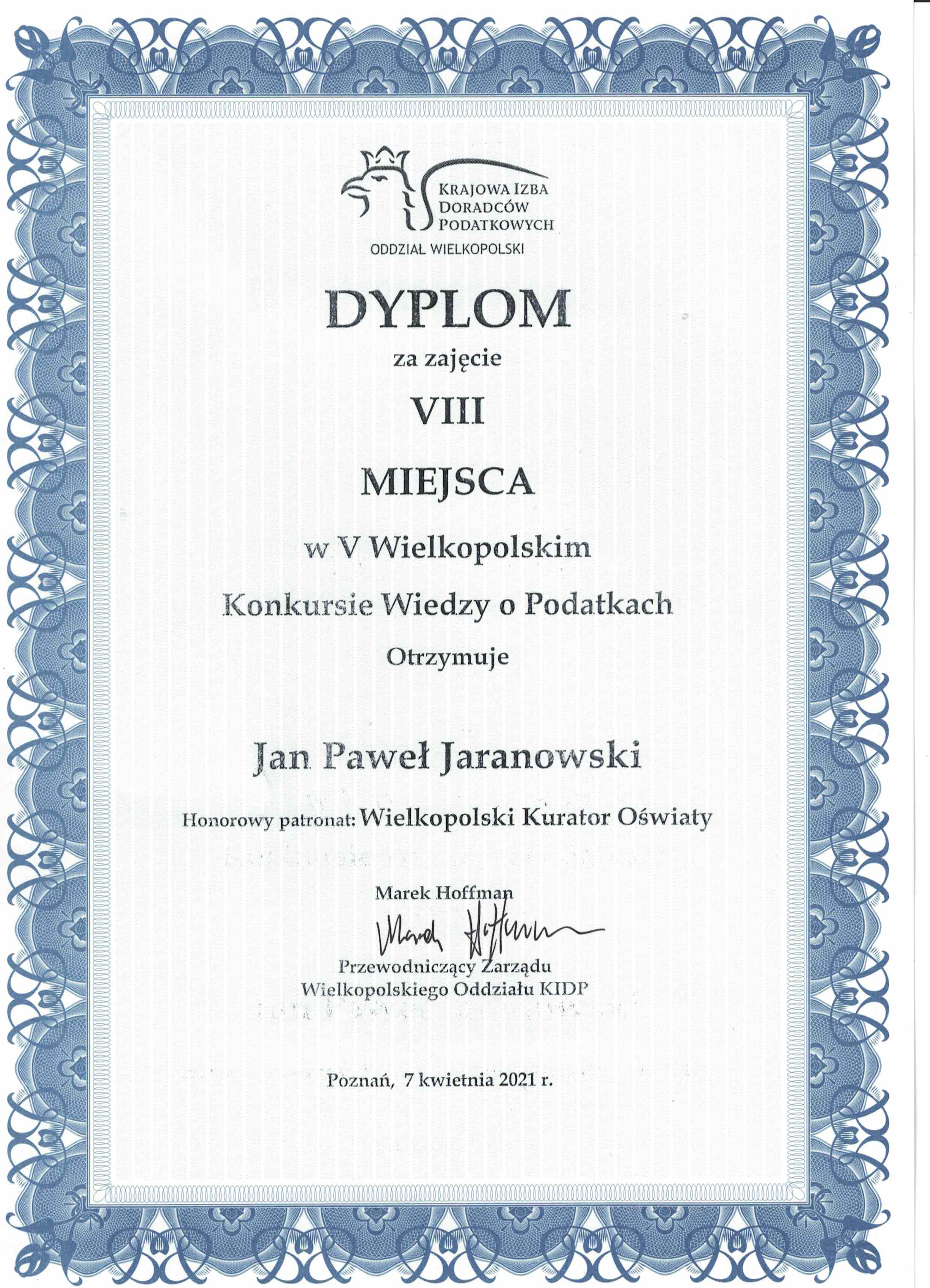 Dyplom laureata konkursu wiedzy o podatkach